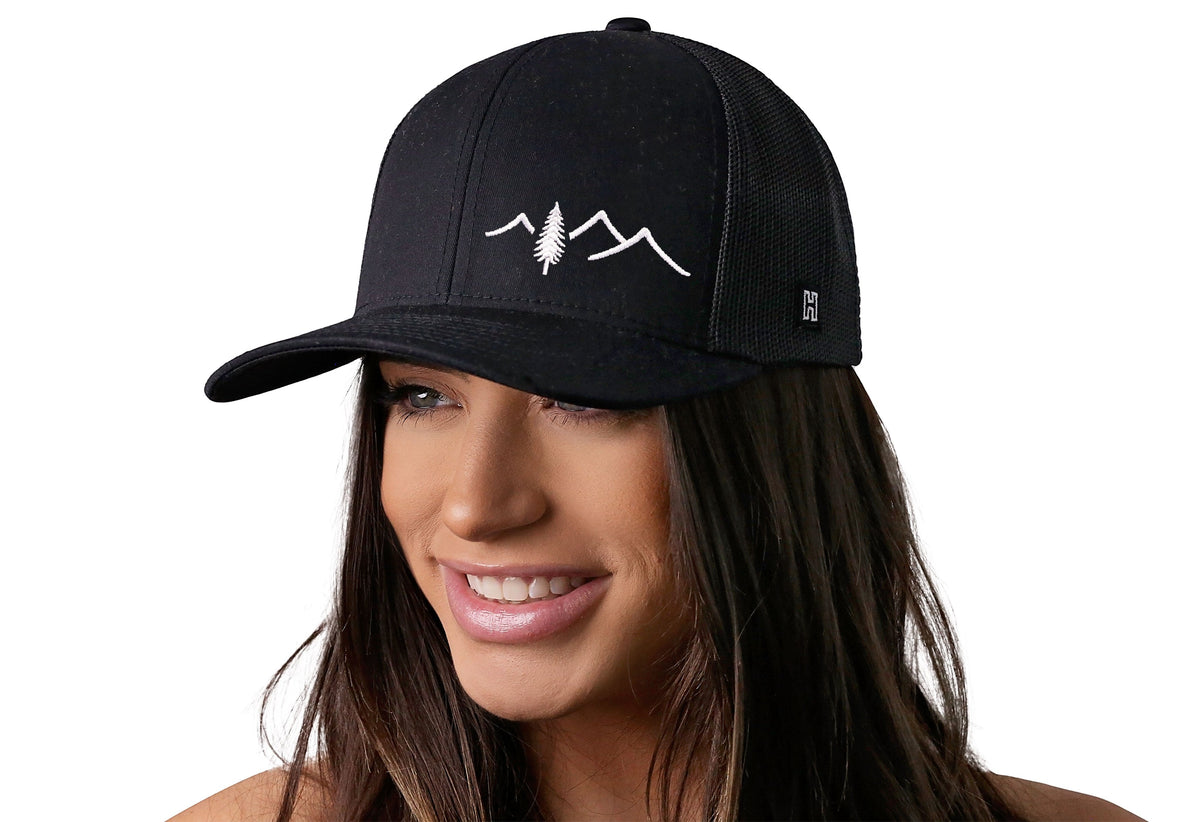 Pine Tree with Mountains Trucker Hat  |  Black Outdoors Snapback