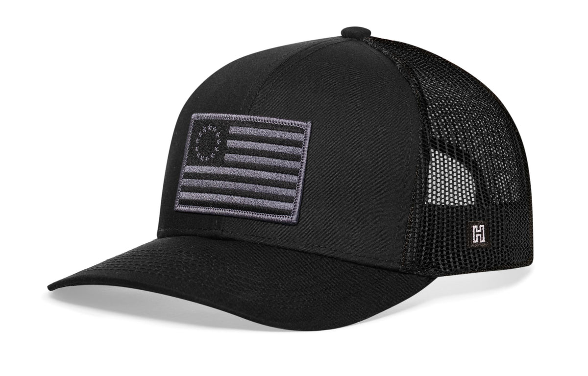 Betsy Ross Flag Trucker Hat  |  Black USA Snapback