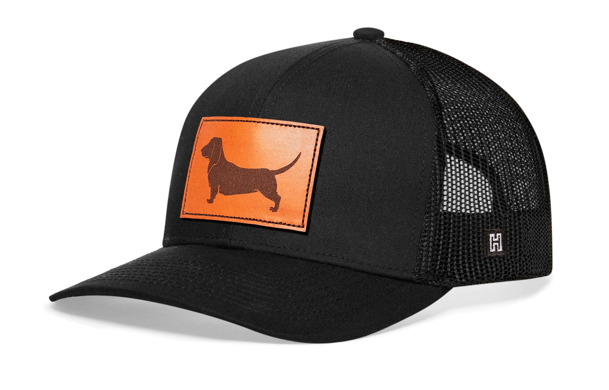 Dachshund Trucker Hat Leather  |  Black Dog Snapback