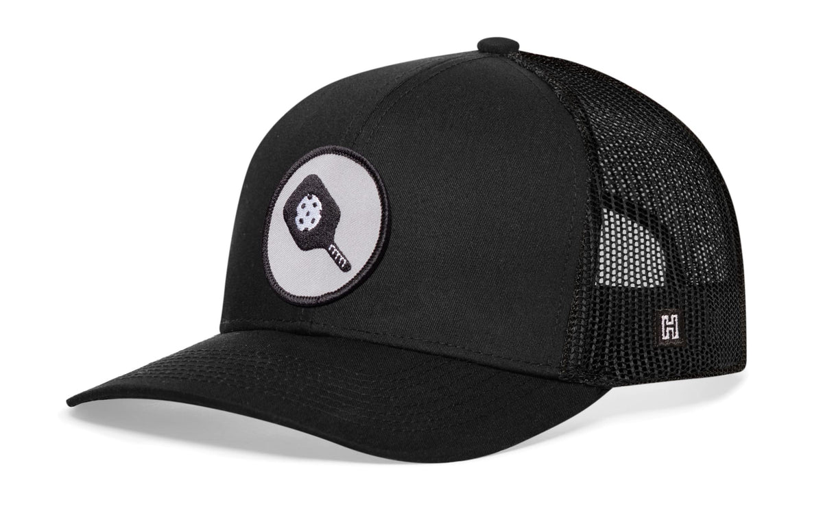 Pickleball Trucker Hat  |  Black Ball And Paddle Snapback