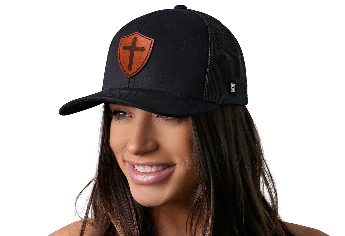 Cross Trucker Hat Shield Leather  |  Black Cross Snapback