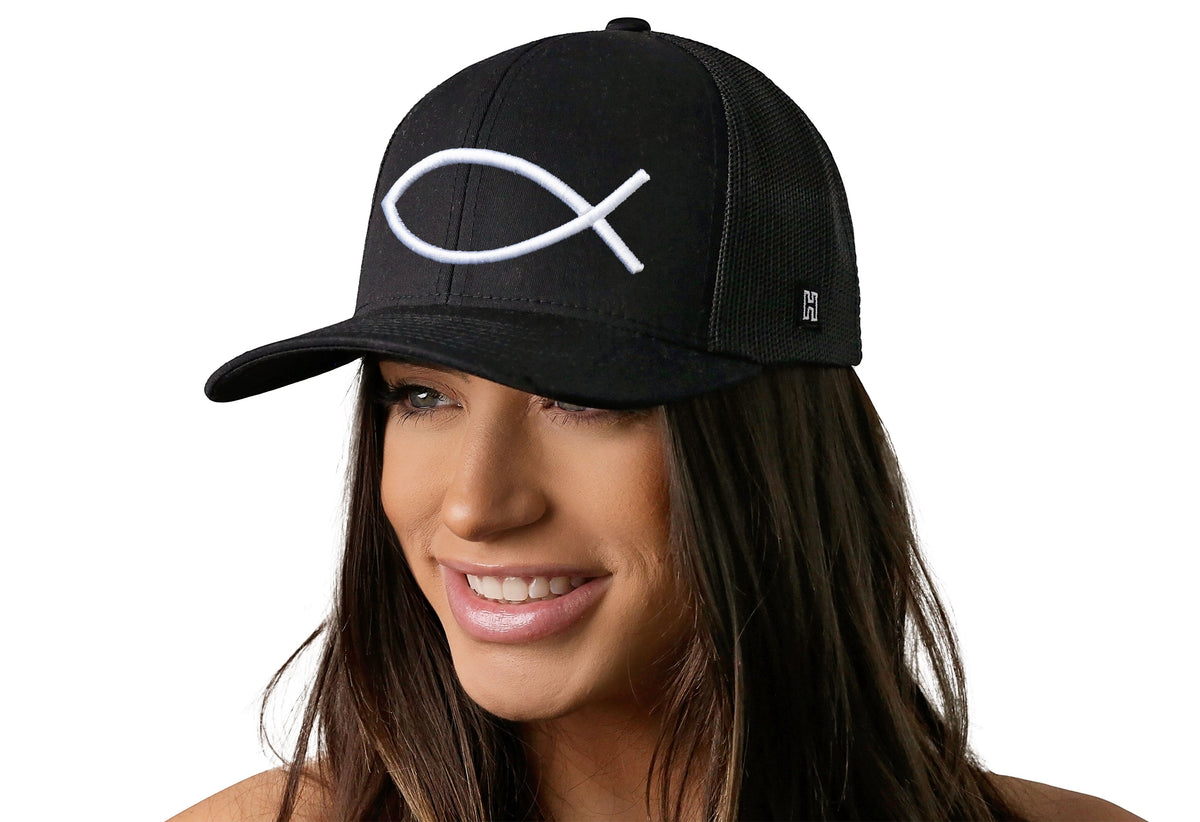 Jesus Fish Trucker Hat  |  Black bold ichthys Snapback