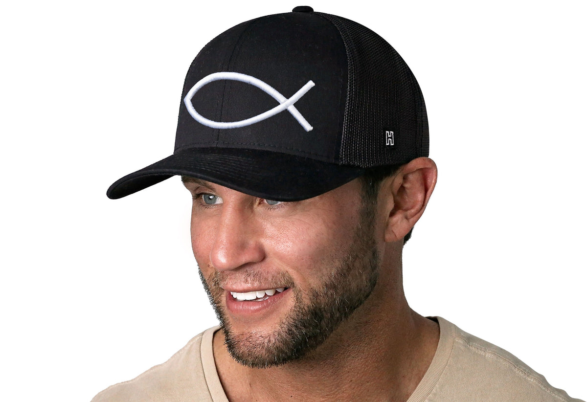 Jesus Fish Trucker Hat  |  Black bold ichthys Snapback