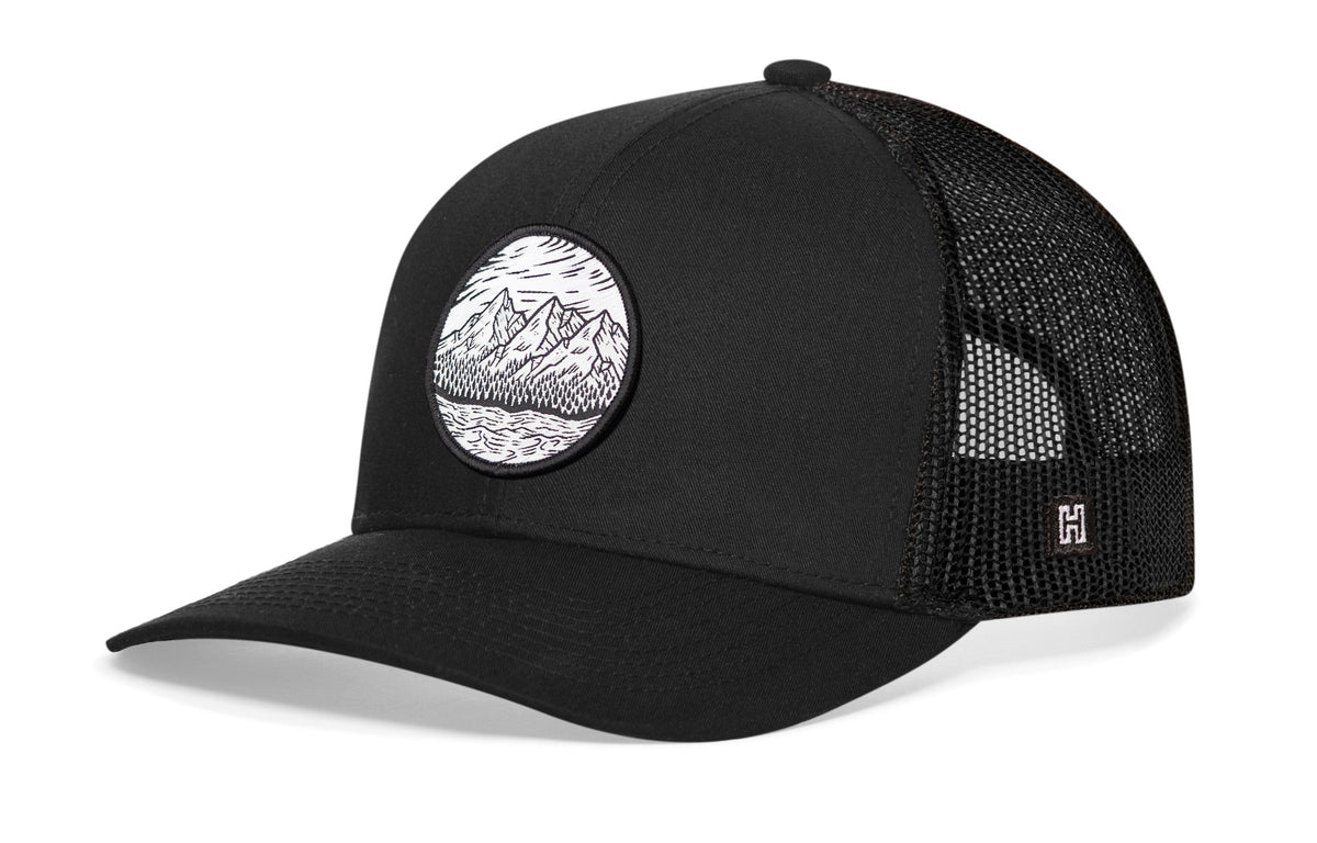 Circle Mountain and Trees Trucker Hat  |  Black Outdoors Snapback