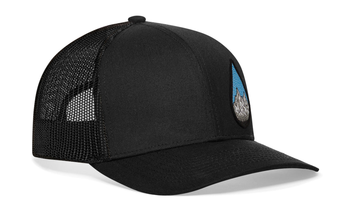 Rainddrop Mountain and Trees Trucker Hat  |  Black Outdoors Snapback