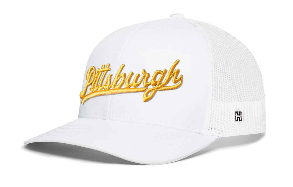 Pittsburgh Gold Script Trucker Hat  |  Pennsylvania Snapback